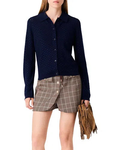 Maje Rhinestone Polo Collar Cardigan In Blue