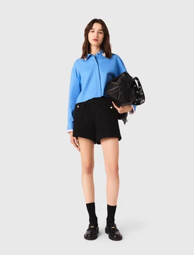 Maje Rhinestone Tweed Shorts In Black