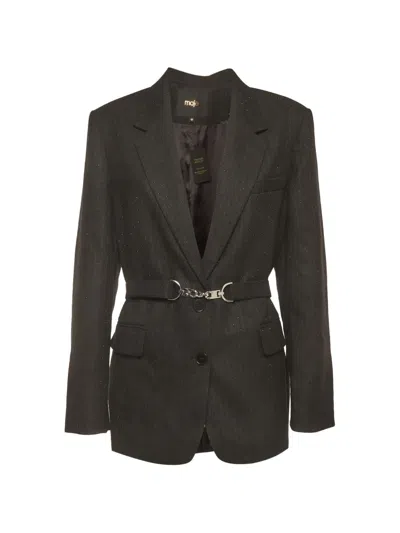 Pre-owned Maje Rhinestone-embellished Belted Blazer In Black
