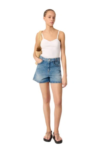Maje Womens Bleus Braided-trim Faded-wash Denim Shorts In White
