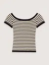 Maje Rib Knit Short Sleeve Boat Neck Top In Navy / Ecru