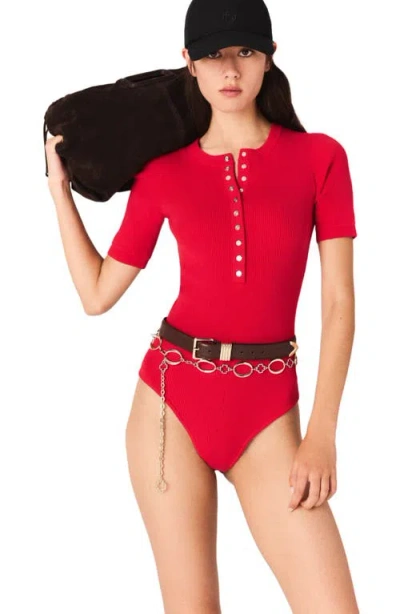 Maje Ribbed Knit Sleeve Bodysuit In Red