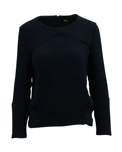 Maje Ribbed Long Sleeve Top With Pockets In Navy Blue Cotton