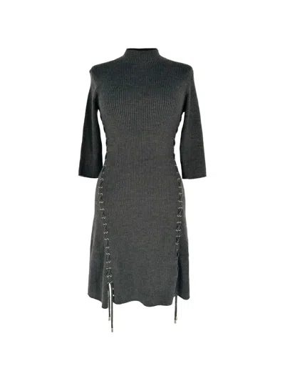 Pre-owned Maje Ribbed-knit Lace-up Dress In Grey