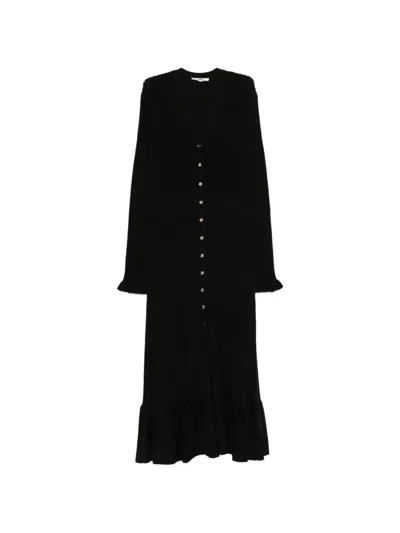 Maje Ribbed-knit Ruffled-trim Midi Dress In Black