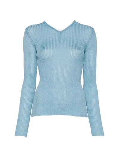 Maje Ribbed-knit V-neck Sweatshirt In Blue