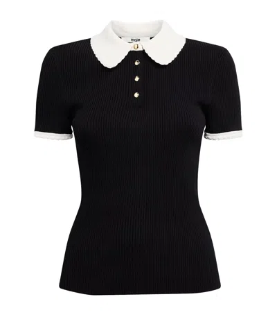 Maje Rib-knit Polo Shirt In Black