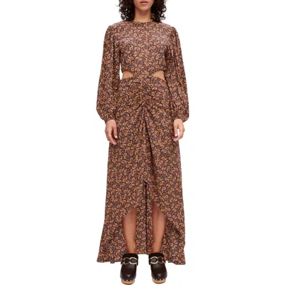 Maje Ricateli Cutout Ruched Paisley-print Crepe Dress In Dark Brown