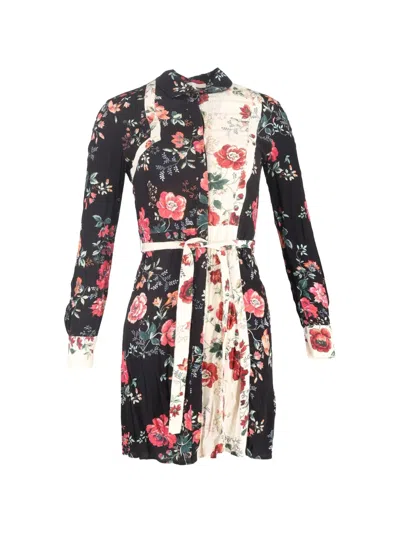 Pre-owned Maje Riller Two-tone Floral Mini Shirt Dress In Black