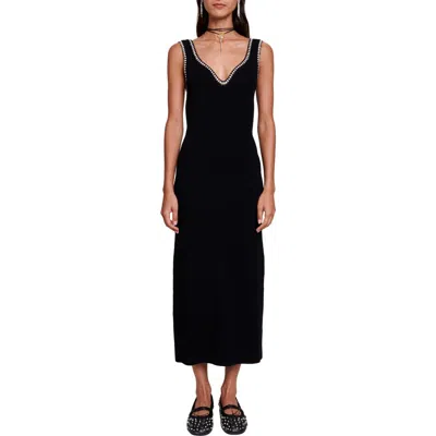 Maje Rimo Contrast Trim Ribbed Sweater Dress In Black