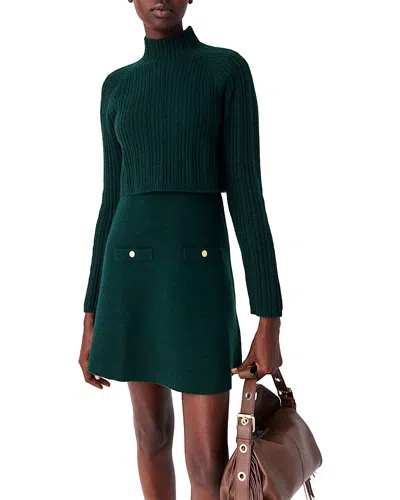 Maje Womens Removable-jumper Long-sleeve Knitted Mini Dress Bottle Green