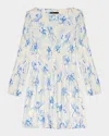 Maje Womens Floral-print Long-sleeve Pleated Woven Mini Dress Bleus In Blue Flower Print Ecru Base