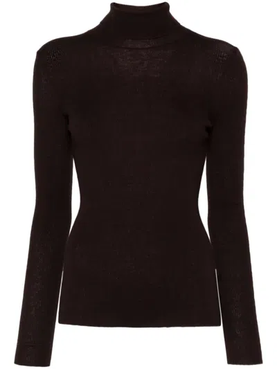 Maje Roll-neck Ribbed-knit Jumper In Brown