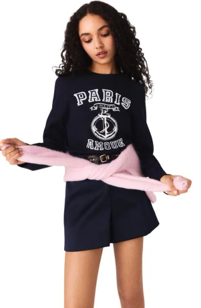 Maje Round-neck Slogan Sweater In Blue