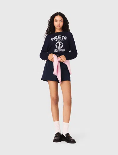 Maje Round Neck Slogan Sweater In Blue