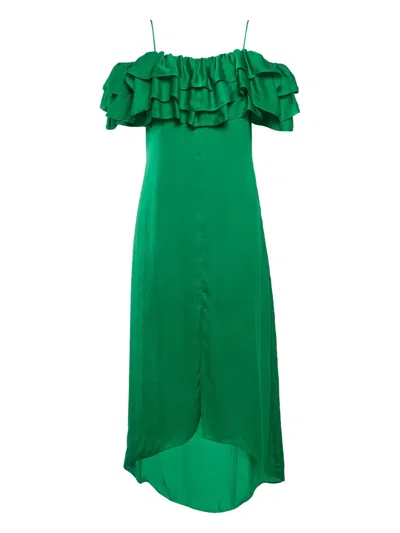 Pre-owned Maje Rovanta Ruffle-detail Midi Dress In Green