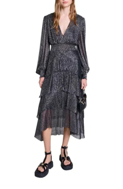 Maje Tiered Metallic Knitted Midi Dress In Black Polyester