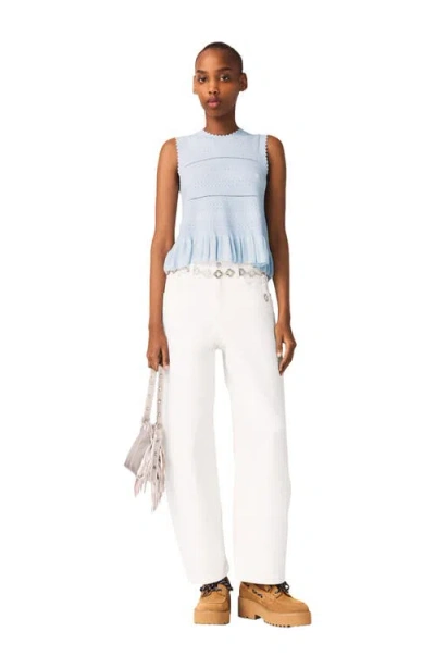 Maje Womens Blue Sky Ruffled-hem Openwork Knitted Top