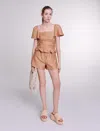 Maje Women's Ruffled Linen Top In Brown