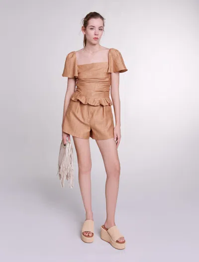 Maje Ruffled Linen Top For Spring/summer In Brown