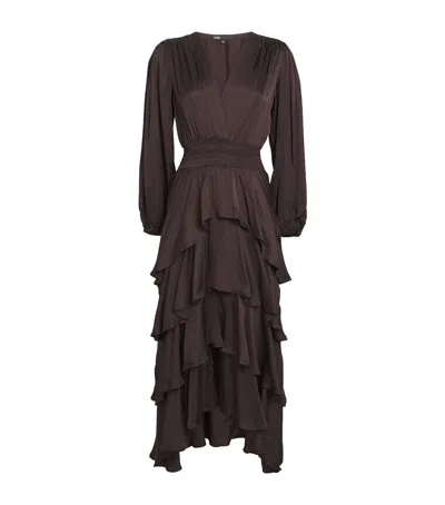 Maje Ruffled Midi Dress In Brown