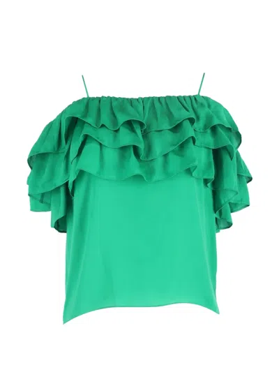 Pre-owned Maje Ruffled Off-shoulder Top In Green