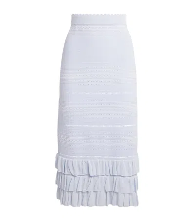 Maje Ruffled Pointelle-knit Midi Skirt In Blue