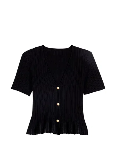 Maje Ruffled Ribbed-knit Cardigan In Black
