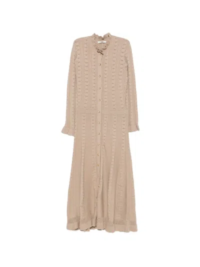 Maje Ruffled-neck Button-up Midi Knitted Dress In Brown