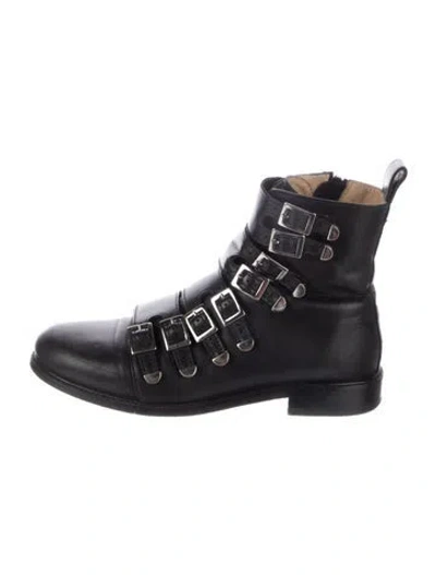 Pre-owned Maje Saffiano Leather Combat Boots In Black