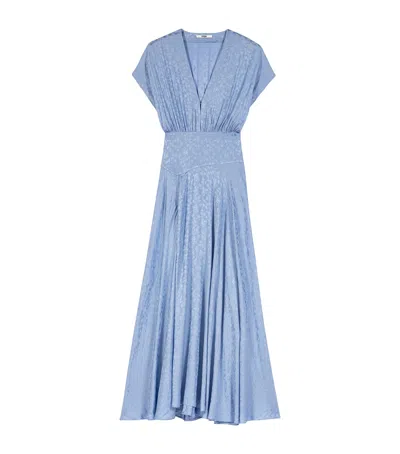 Maje Satin Floral Midi Dress In Blue