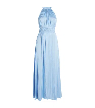 Maje Satin Pleated Midi Dress In Blue