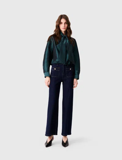 Maje Satin Pussy Bow Shirt In Green
