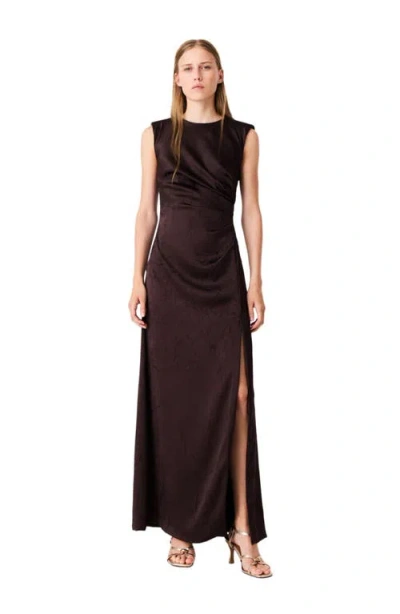 Maje Satin-effect Draped Maxi Dress In Brown