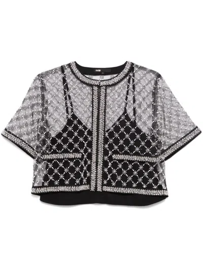 Maje Womens Bead-embroidered Short-sleeve Tulle Top Black