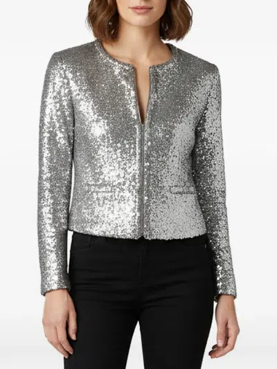 Pre-owned Maje Sequin-embellished Collarless Jacket In Silver