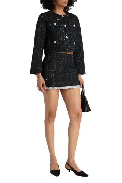 Maje Sequin-embellished Short Metallic Tweed Jacket In Black