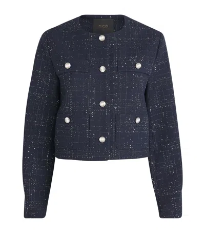 Maje Sequinned Tweed Cropped Jacket In Blue