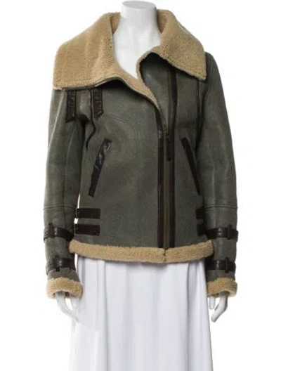 Pre-owned Maje Shearling Biker Jacket In Green