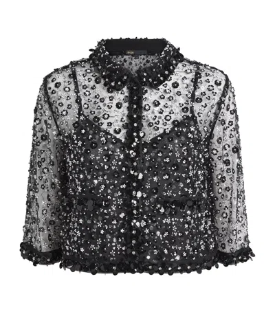 Maje Sheer Rhinestone Polo Top In Black