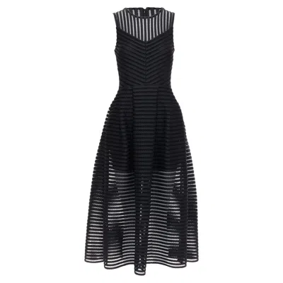 Maje Sheer Striped Panelled Crew Fit Flare Midi Dress In Black