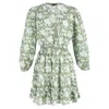 Maje Shirred Floral Printed Mini Dress In Green Cotton In Green