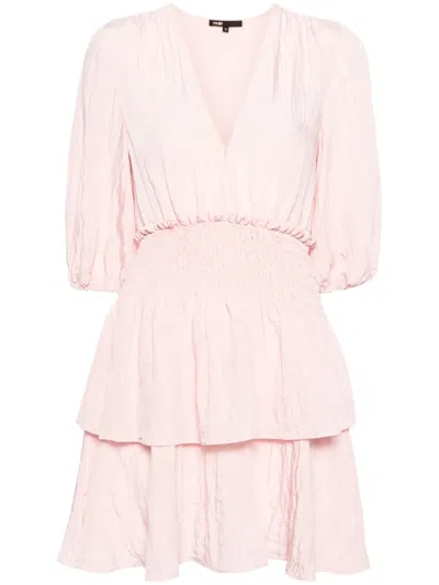 Maje Shirred-waistband Tiered Dress In 粉色