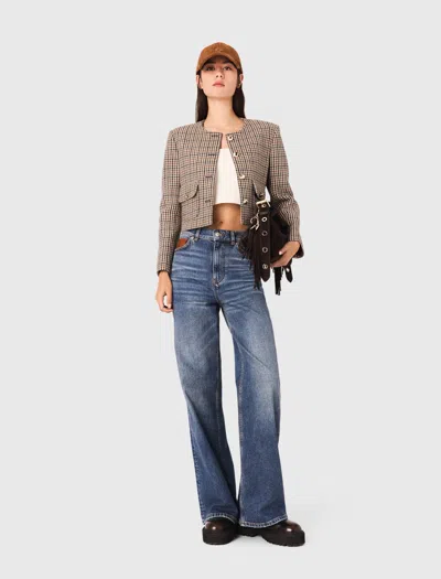 Maje Short Checked Jacket In Sand