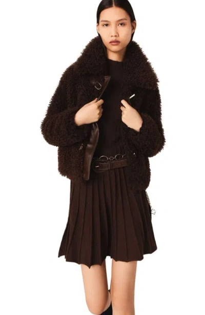 Maje Short Curly Coat In Brown