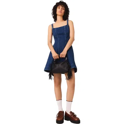 Maje Womens Denim Blue Round-neck Flared-skirt Sleeveless Stretch-denim Mini Dress