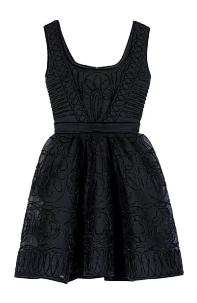 Maje Short Embroidered Basket Knit Dress In Black
