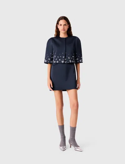 Maje Short Embroidered Satin Jacket In Blue