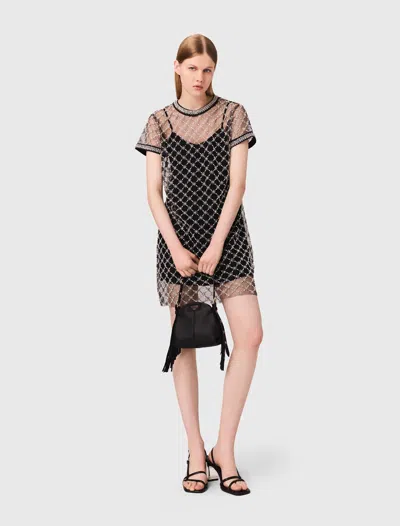Maje Short Embroidered Tulle Dress In Black
