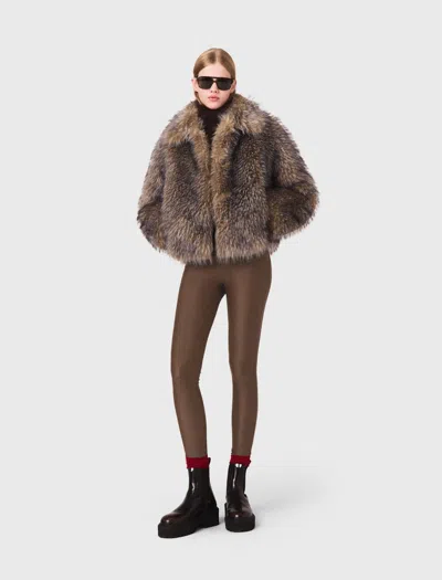 Maje Short Faux Fur Coat In Brown